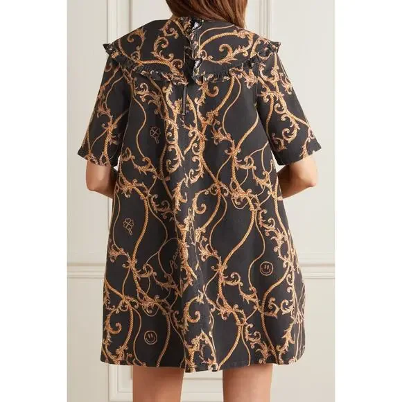 GANNI Ruffled Printed Denim Mini Dress Black - DK 42/US 12 GANNI Ruffled Printed Denim Mini Dress Black - DK 42/US 12